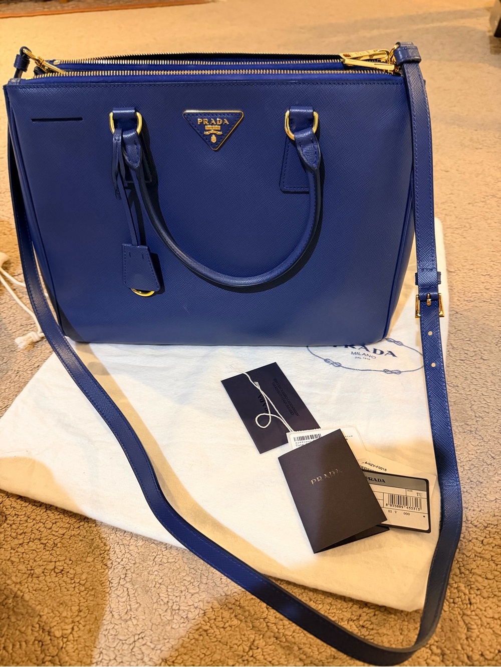 Prada Blue Saffiano Leather Double-Zip Satchel with Gold Hardware
